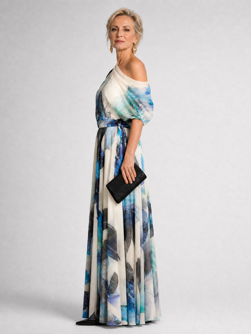 Lysanthe | Off-Shoulder Maxi-Kleid mit Blumendruck & Taillenschleife