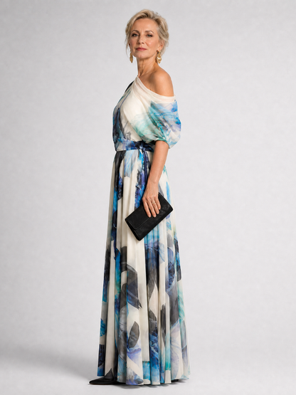 Lysanthe | Off-Shoulder Maxi-Kleid mit Blumendruck & Taillenschleife