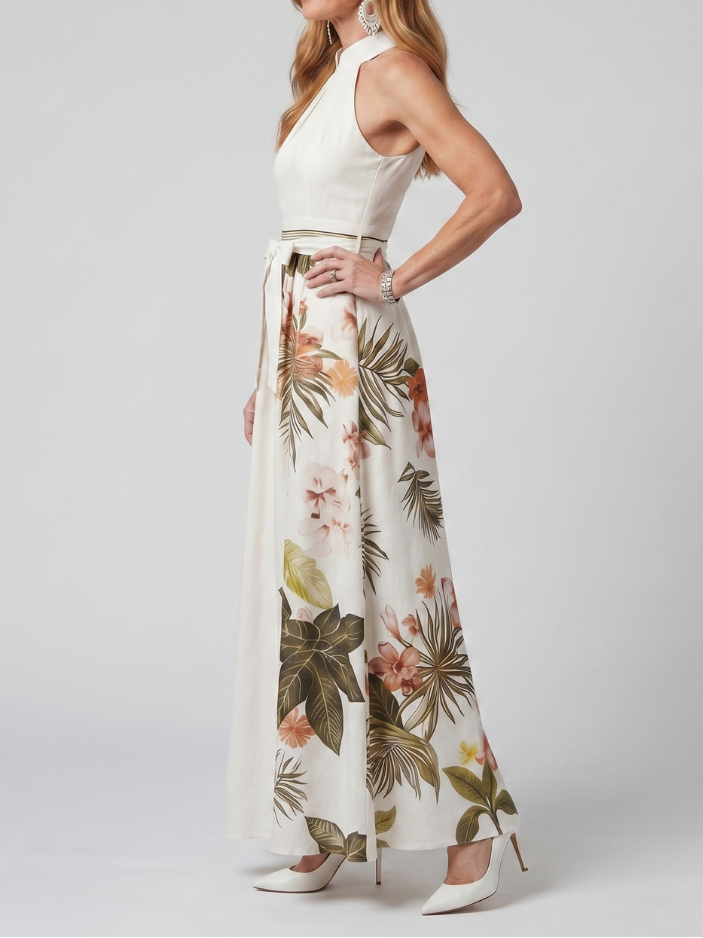 Prairie - Maxikleid mit botanischen Paneelen und drapiertem Halterneck