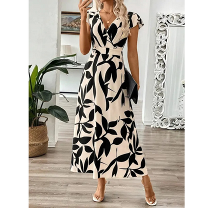 Hanneli | Maxi-Wickelkleid mit Blattprint & Volantärmeln