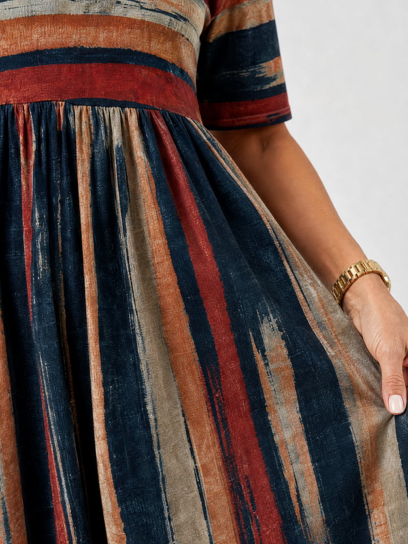 Maelisande | One-Shoulder Midi-Kleid mit Streifenmuster & Puffmärmeln