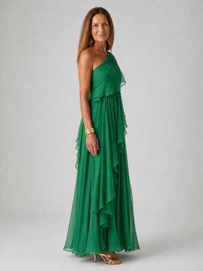 Evadora | One-Shoulder Maxi-Kleid mit Rüschen & fließendem Rock