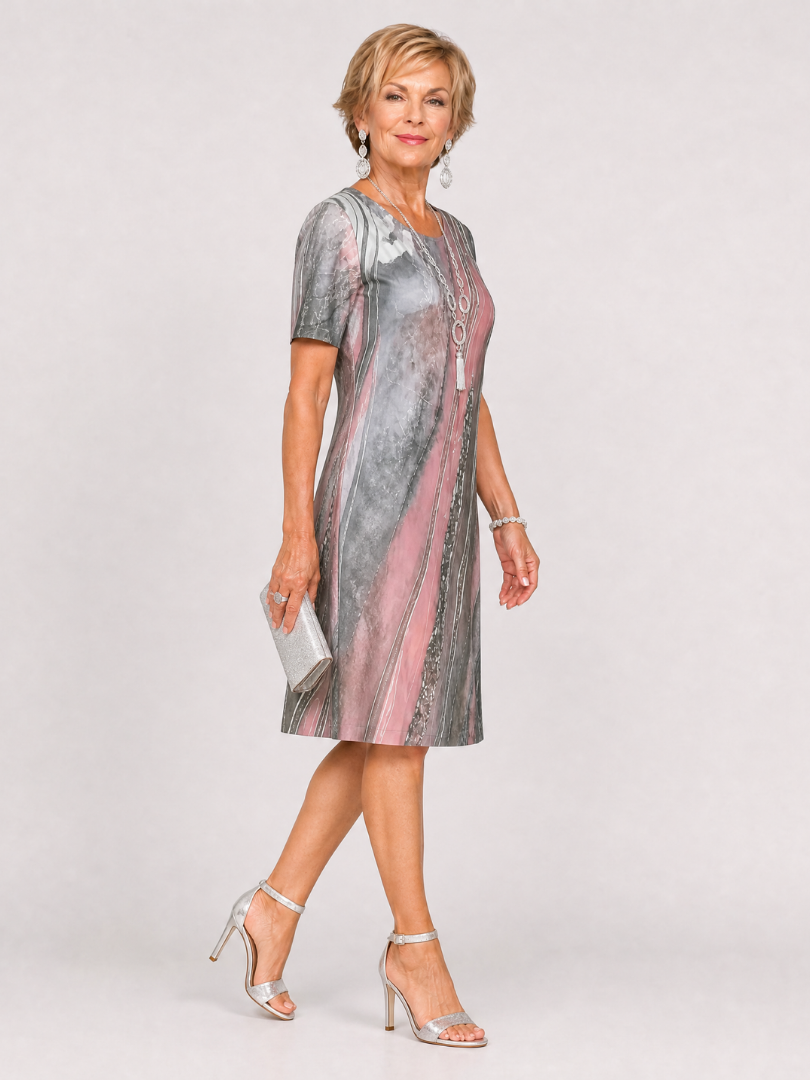 Virexia | Midi-Kleid mit abstraktem Druck, rundem Ausschnitt & Kurzarm