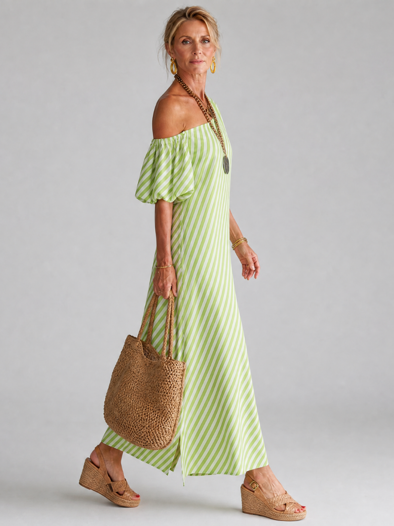 Ilyndra | Midi-Kleid mit Streifenmuster, Empire-Taille & Kurzarm