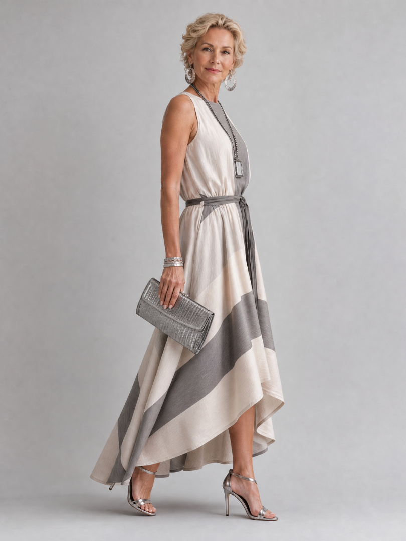 Aureliax | Ärmelloses Midi-Kleid mit Taillenschleife & asymmetrischem High-Low-Saum
