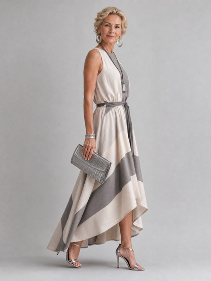 Aureliax | Ärmelloses Midi-Kleid mit Taillenschleife & asymmetrischem High-Low-Saum