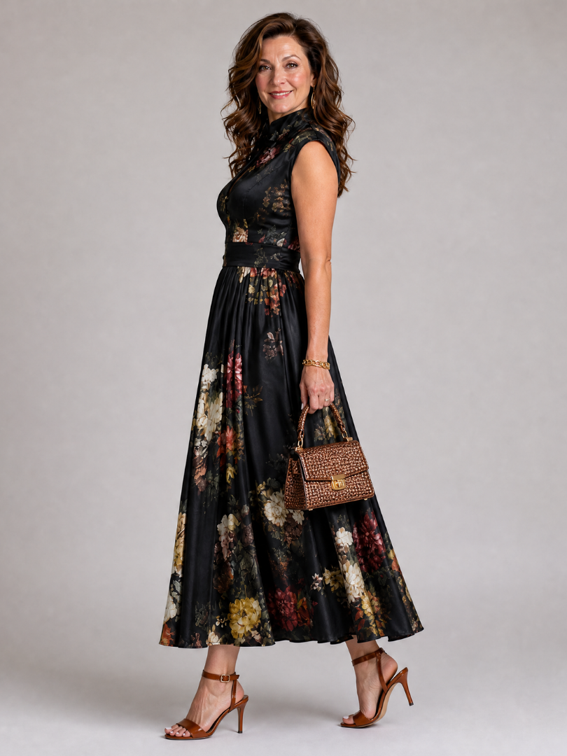 Vimoza | Midi-Kleid mit Blumendruck, Schlüssellochaus schnitt & Cap-Ärmeln