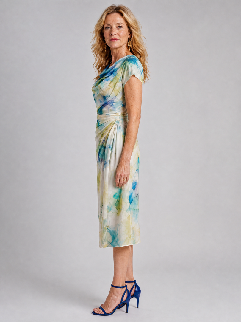 Elsinora | Midi-Kleid mit Blumendruck, Drapé-Ausschnitt & tailliertem Schnitt