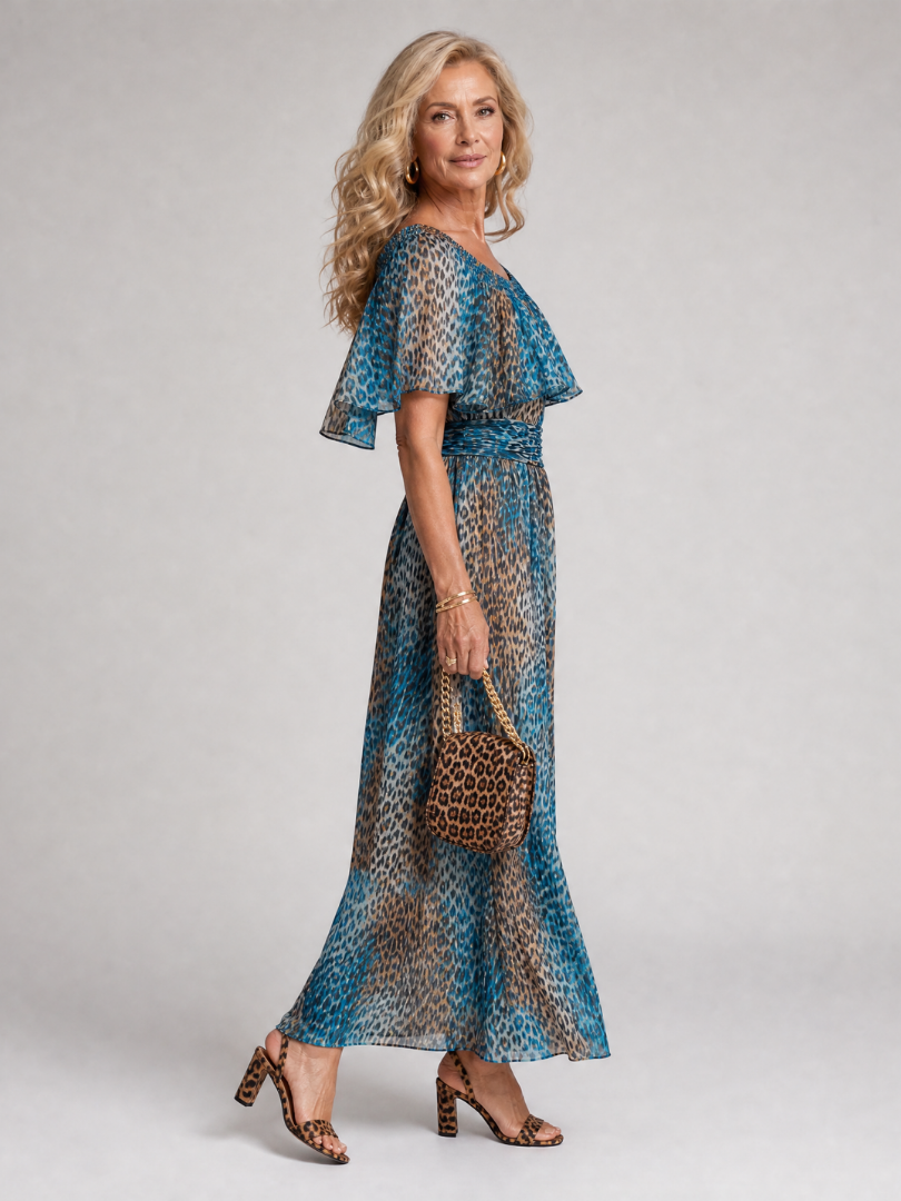 Zafirae | One-Shoulder Midi-Kleid mit Animal-Print & Rüschenoverlay