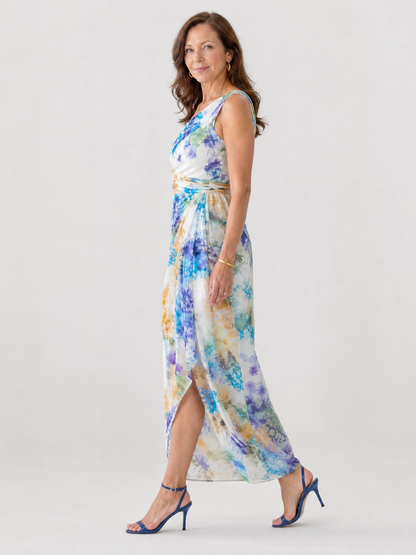Avona | One-Shoulder Midi-Kleid mit Blumendruck, Raffung & Überlappungsrock