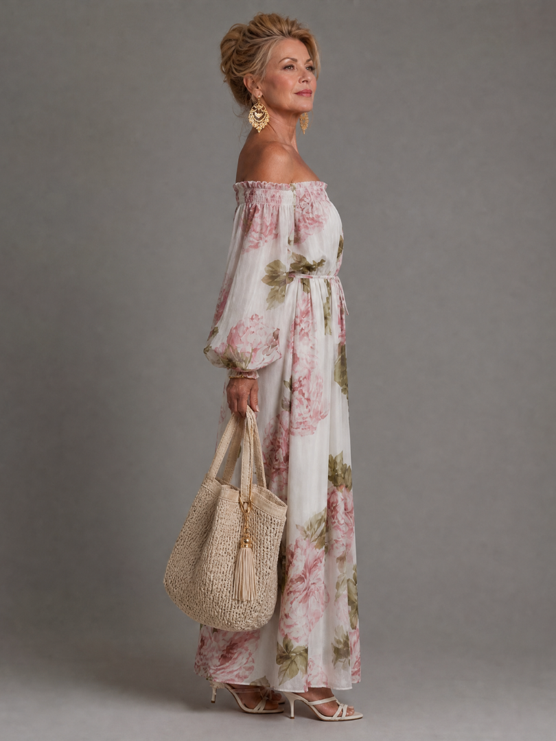 Euram | Off-Shoulder Maxi-Kleid mit Blumendruck & langen Ballonärmel