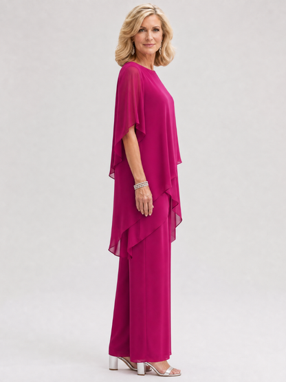 Nimon | Zweiteiliges Chiffon-Set mit gelagerten Drapier-Ärmeln & Weithose