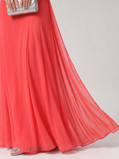 Aurethia | Maxi-Kleid mit transparentem Mesh-Joch, Raffung & Cap-Ärmeln