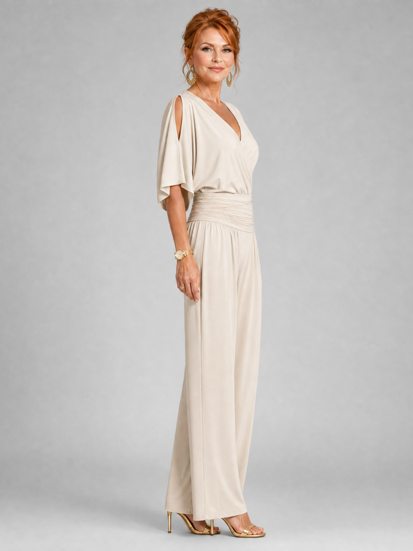 Juman | Jumpsuit mit Cold-Shoulder, Wickel-V-Ausschnitt & Weithose