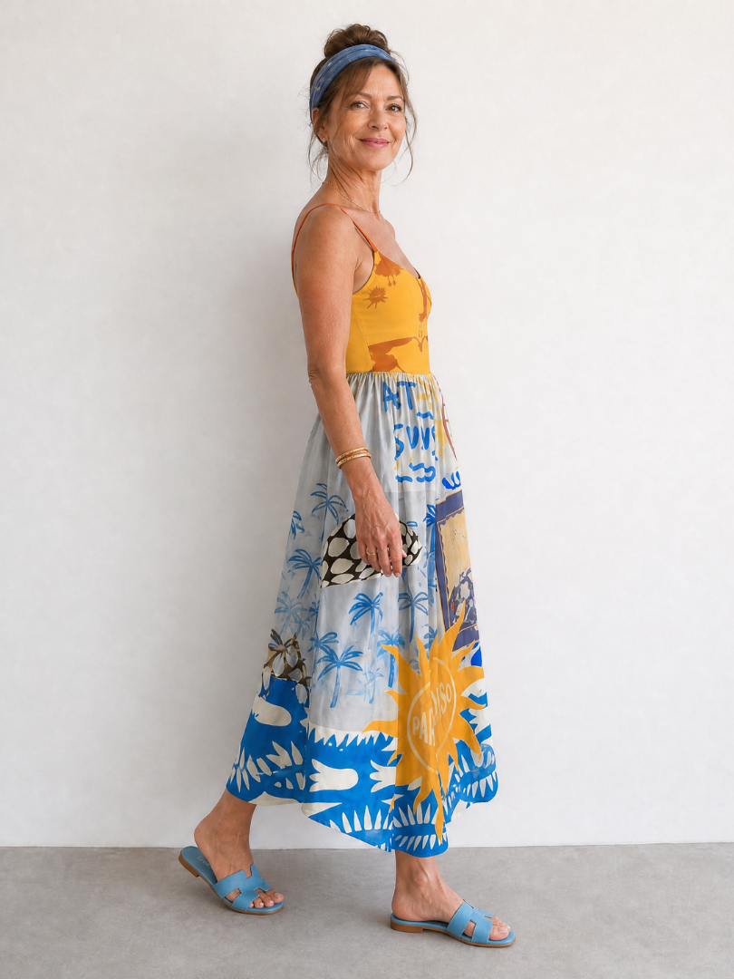 Zarman | Ärmelloses Midi-Kleid mit Coastal-Print, zarten Trägern & tailliertem Oberteil