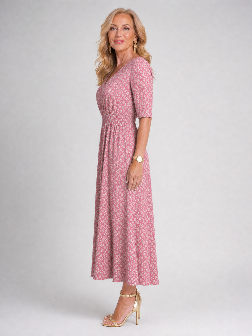 Zorynne | Midi-Kleid mit V-Ausschnitt & Ellenbogenlangen Ärmeln
