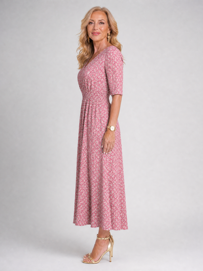 Zorynne | Midi-Kleid mit V-Ausschnitt & Ellenbogenlangen Ärmeln