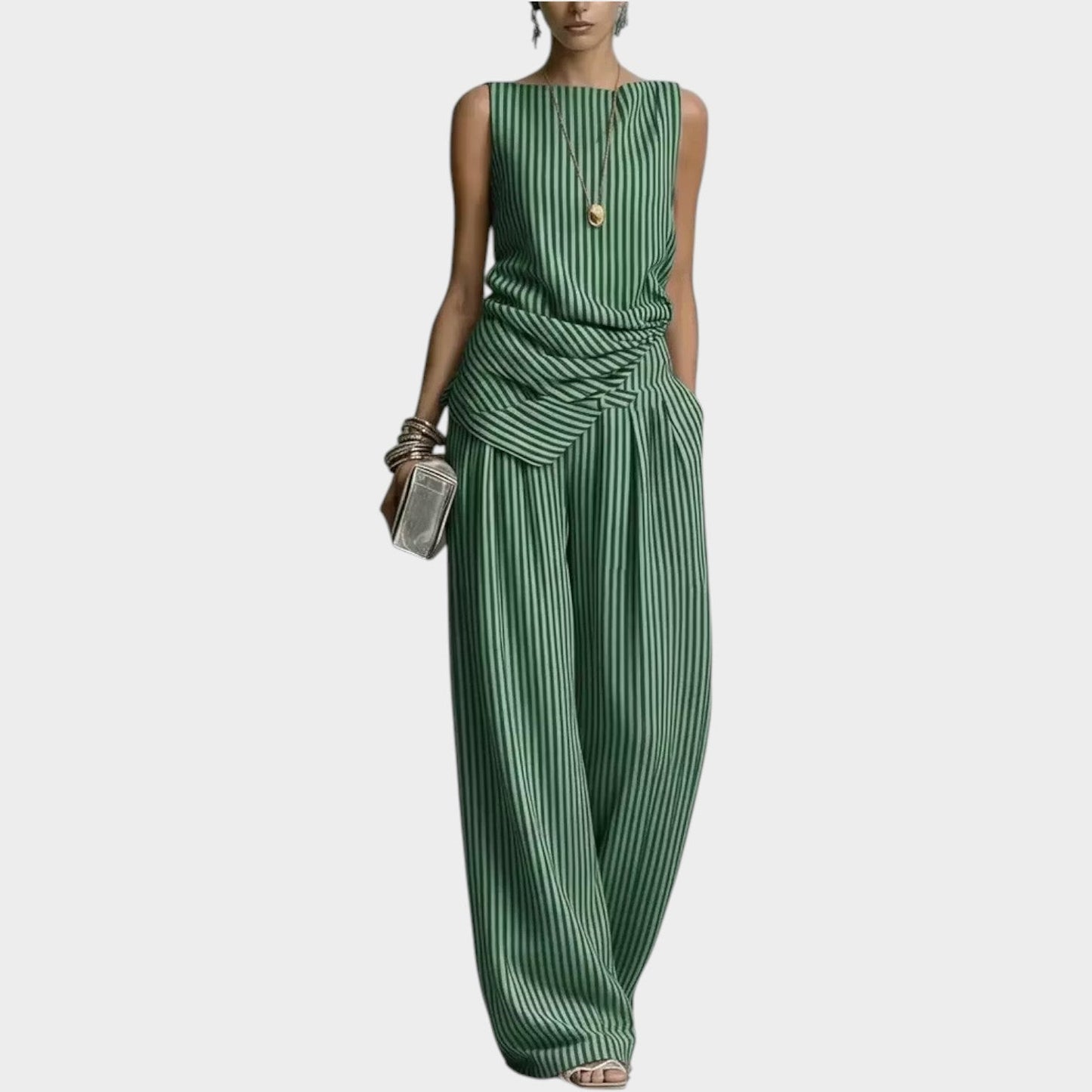 Lena | Gestreifter Zweiteiler | Ärmelloses Draped-Top & Weithose