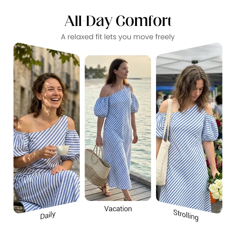 Gestreiftes Off-Shoulder-Kleid in Fließendem Schnitt