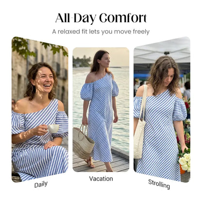 Gestreiftes Off-Shoulder-Kleid in Fließendem Schnitt