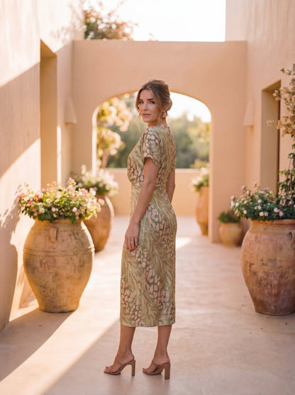 Amara | Figurbetontes Midi-Kleid mit V-Ausschnitt & gedrehtem Taillenknötchen