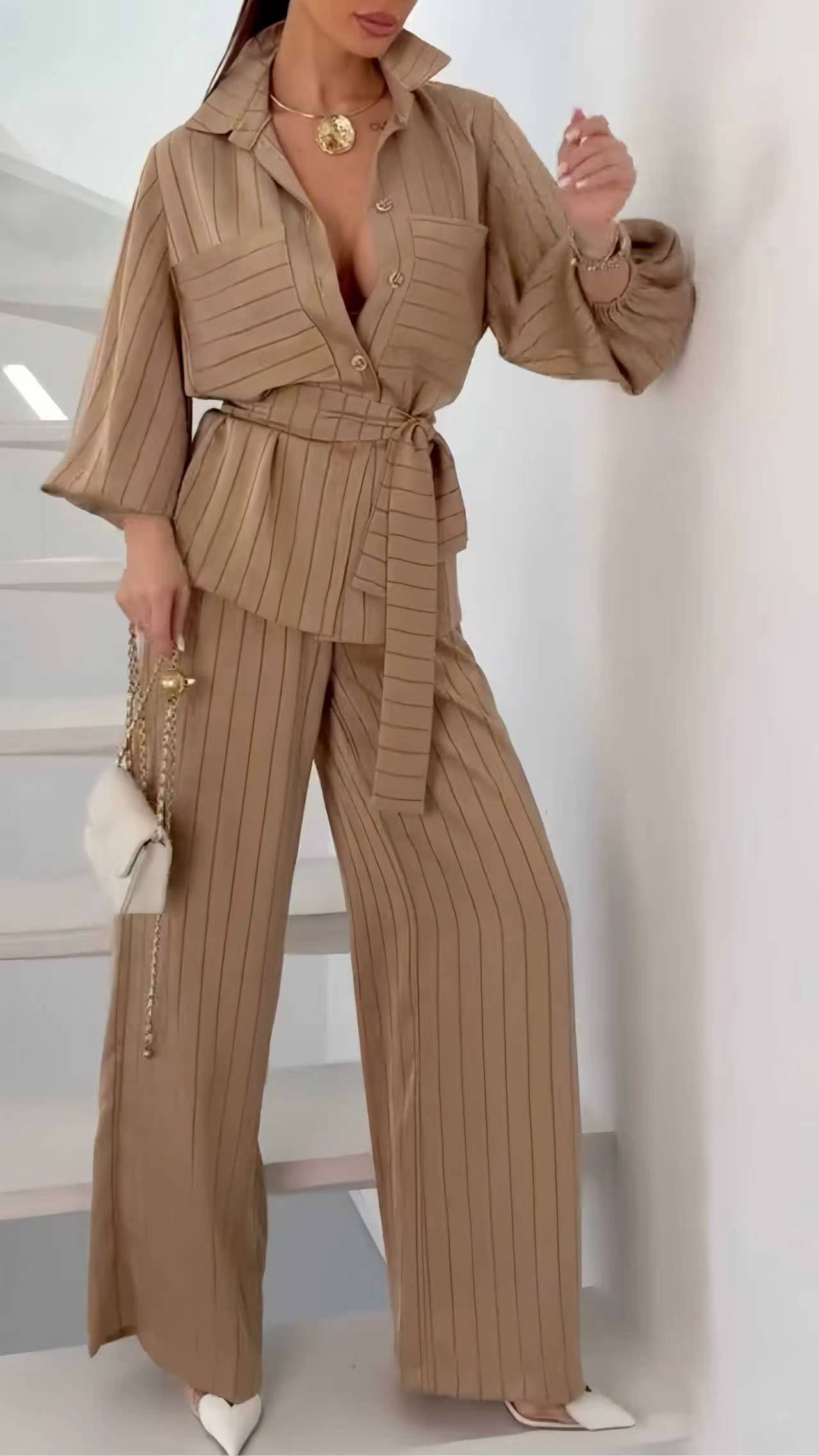 Gestreiftes Hemd & Weithose Co-Ord Set – Braun