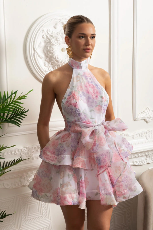 Florales Neckholder Rüschen-Minikleid – Rosa