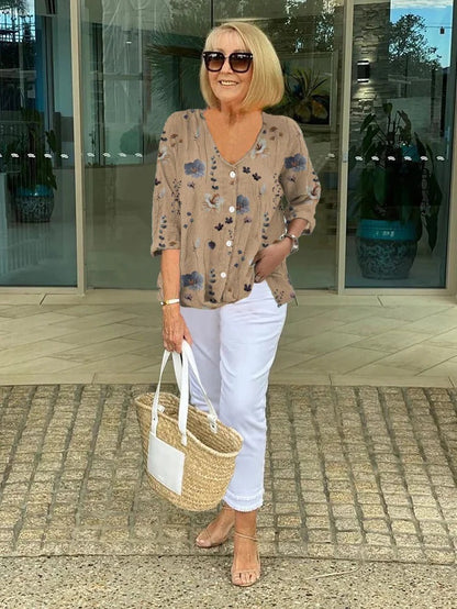 Joanne | Bedruckte Tunika mit V-Ausschnitt & Knopfdetails