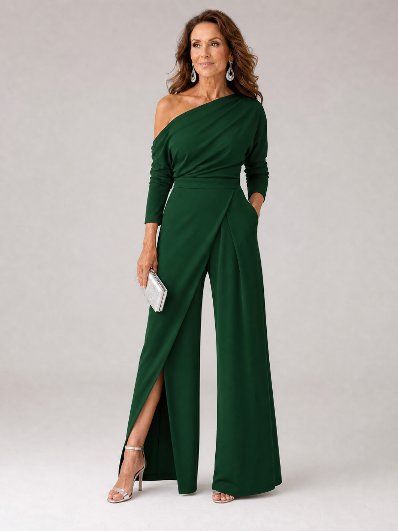 Emily | One-Shoulder Jumpsuit mit Weithose & Drapierung | 3/4-Ärmel