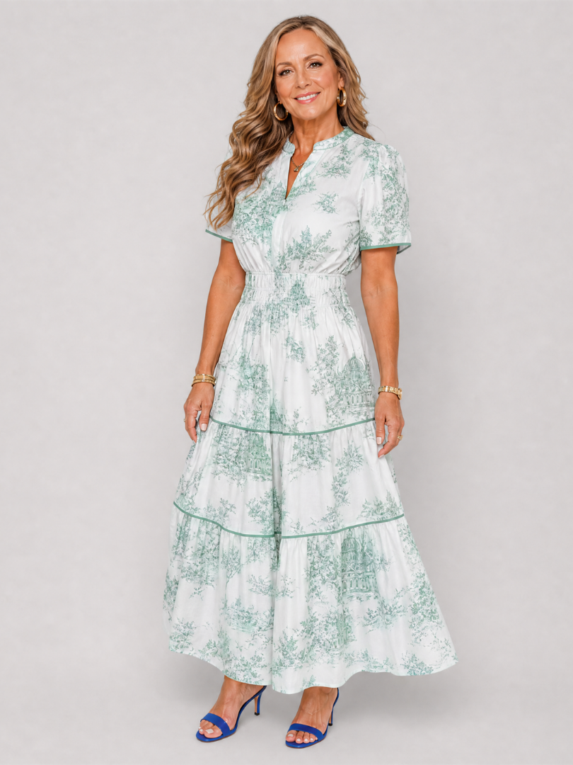 Seraphine | Midi-Kleid mit gestuftem Rock, Kurzarm & Knopfausschnitt