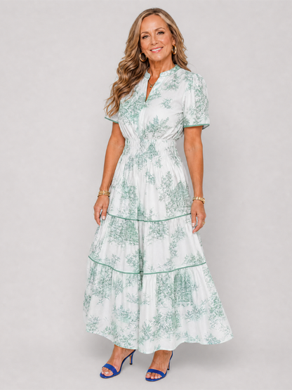 Seraphine | Midi-Kleid mit gestuftem Rock, Kurzarm & Knopfausschnitt