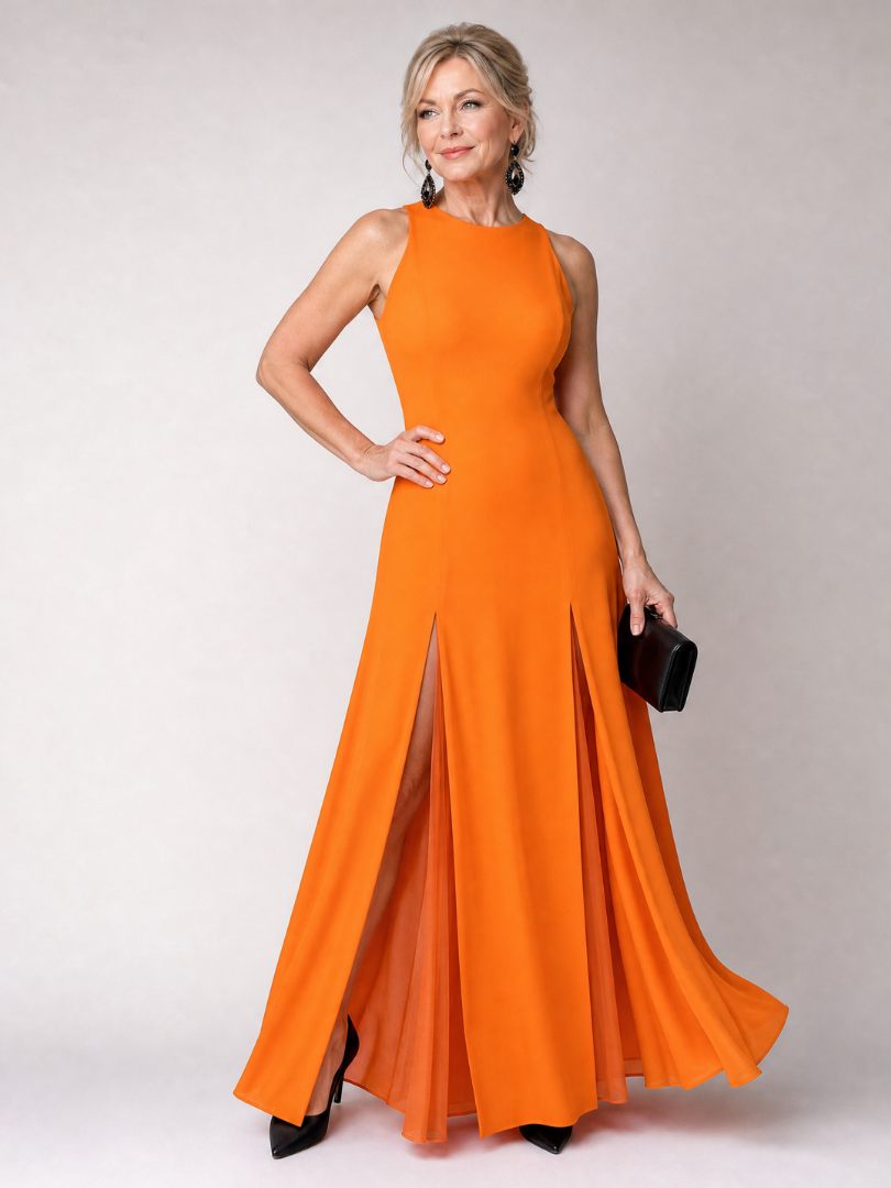 Vion | Ärmelloses Maxi-Kleid mit Stehkragen & fließendem Paneelrock