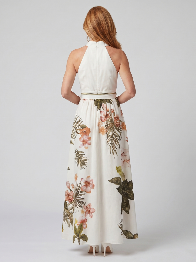 Prairie - Maxikleid mit botanischen Paneelen und drapiertem Halterneck