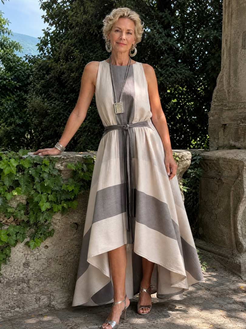 Aureliax | Ärmelloses Midi-Kleid mit Taillenschleife & asymmetrischem High-Low-Saum