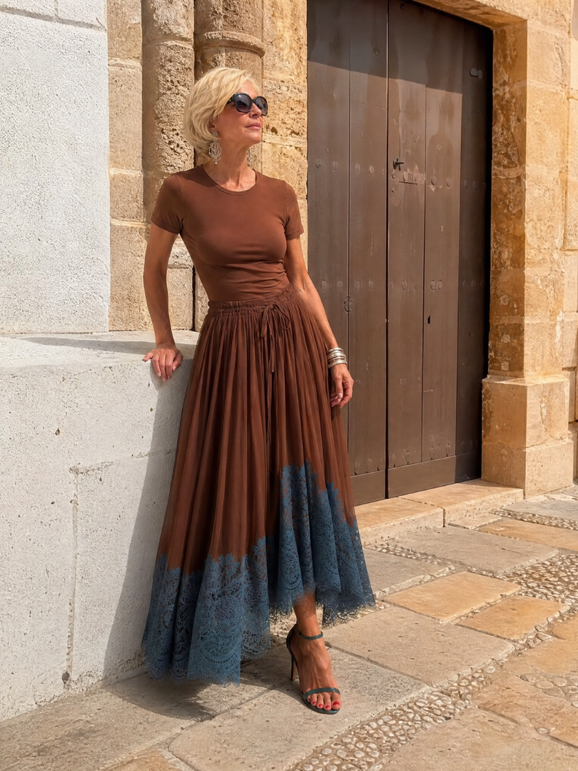 Astryne | Midi-Kleid mit Kurzarm, Spitzensaum & verstellbarem Tunnelzug