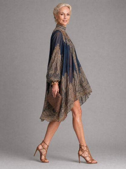 Gyro | Kleid mit Stehkragen, Allover-Print & Ballonärmeln