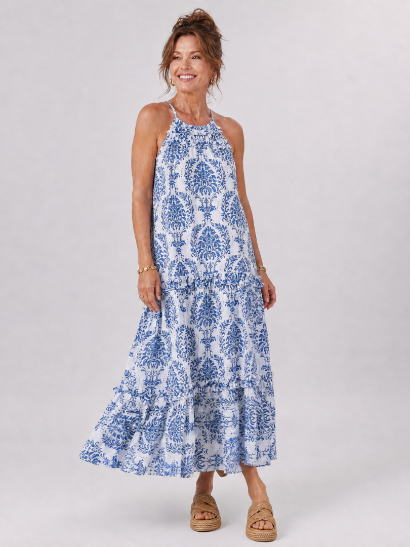 Imene | Ärmelloses Midi-Kleid mit Neckholder & gestuften Paneelen | Leichter Sommerkleid-Look