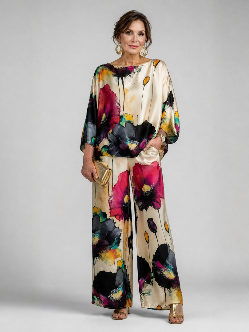 Zorielle | Zweiteiliges Blumenprint-Set mit drapierten Ärmeln & weitem Beinkleid