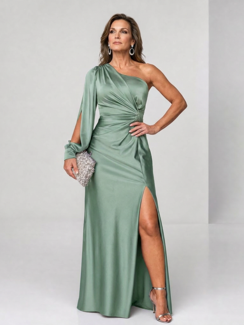 Roniol | One-Shoulder Maxi-Kleid mit Drapierung, asymmetrischem Ärmel & Beinschlitz