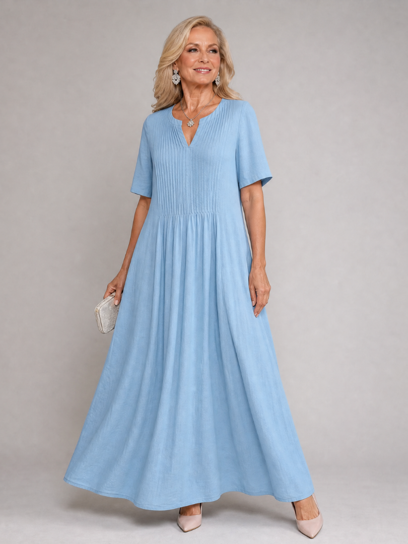 Vuma | Midi-Kleid mit V-Ausschnitt, Kurzarm & Plissee-Detail