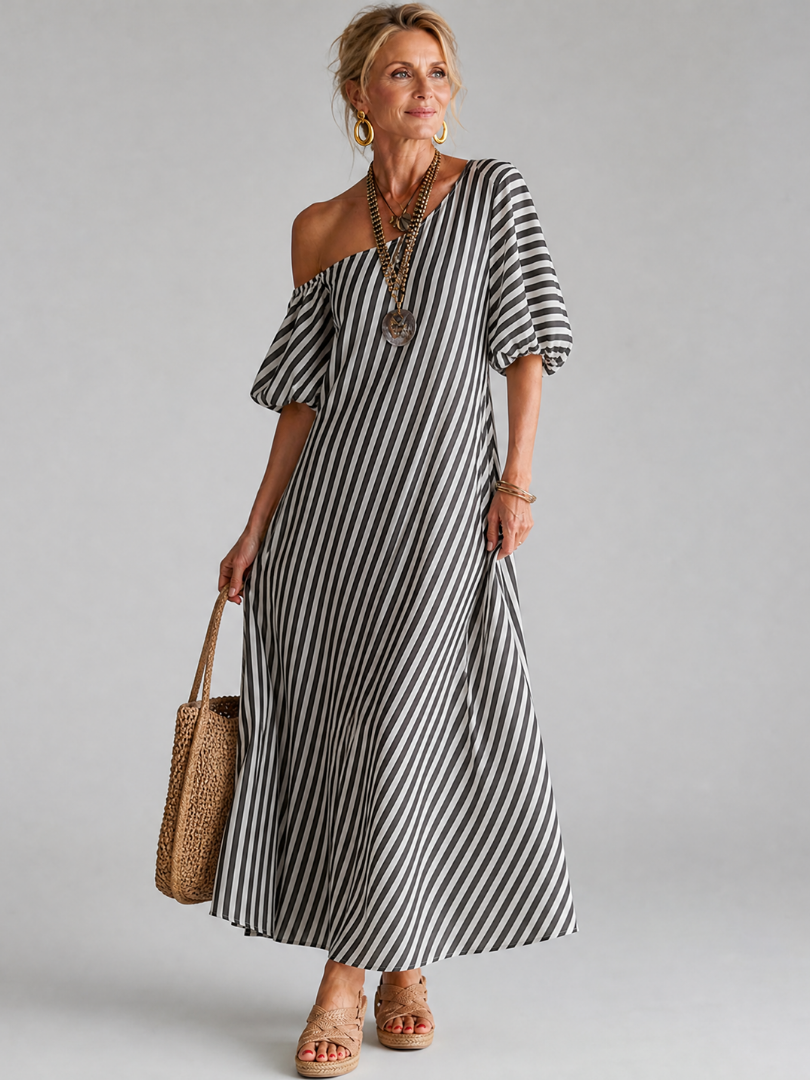 Ilyndra | Midi-Kleid mit Streifenmuster, Empire-Taille & Kurzarm