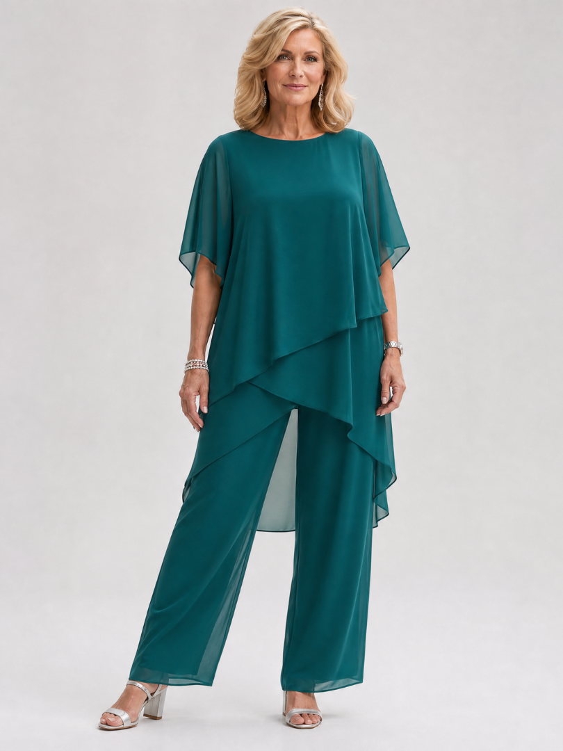 Nimon | Zweiteiliges Chiffon-Set mit gelagerten Drapier-Ärmeln & Weithose