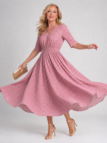 Zorynne | Midi-Kleid mit V-Ausschnitt & Ellenbogenlangen Ärmeln