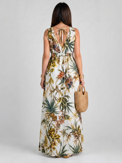Evarisque | Ärmelloses Maxi-Kleid mit Tropenprint, V-Ausschnitt & definierter Taille