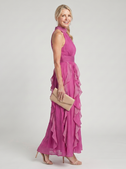 Orea | Maxi-Kleid mit hohem Halterneck, Rüschenlagen & taillierter Passform