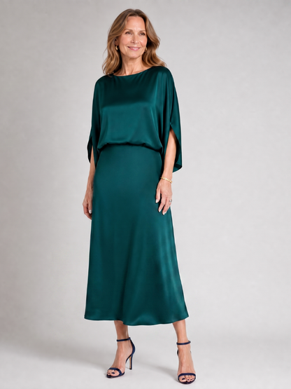 Quenara | Midi-Kleid mit Draped Overlay & Bootsausschnitt