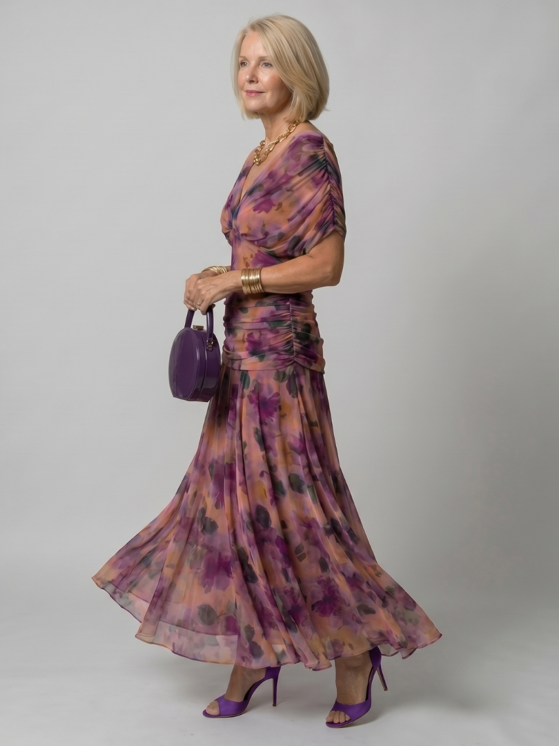 Calen | Off-Shoulder Midi-Kleid mit Drapierung & fließendem Rock