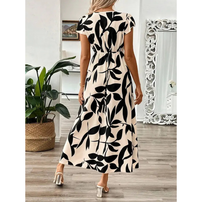 Hanneli | Maxi-Wickelkleid mit Blattprint & Volantärmeln