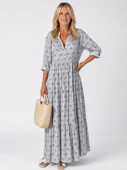 Zirelle | Maxi-Kleid mit Print, Kragen, Knopfleiste & aufgekrempelten Ärmeln