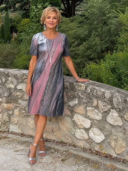 Virexia | Midi-Kleid mit abstraktem Druck, rundem Ausschnitt & Kurzarm